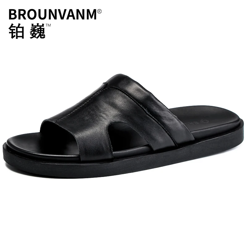 

Anti-skid slippers Mens trend Outdoor thick-soled leather Genuine Leather personality fender summer men genuine leather slippers