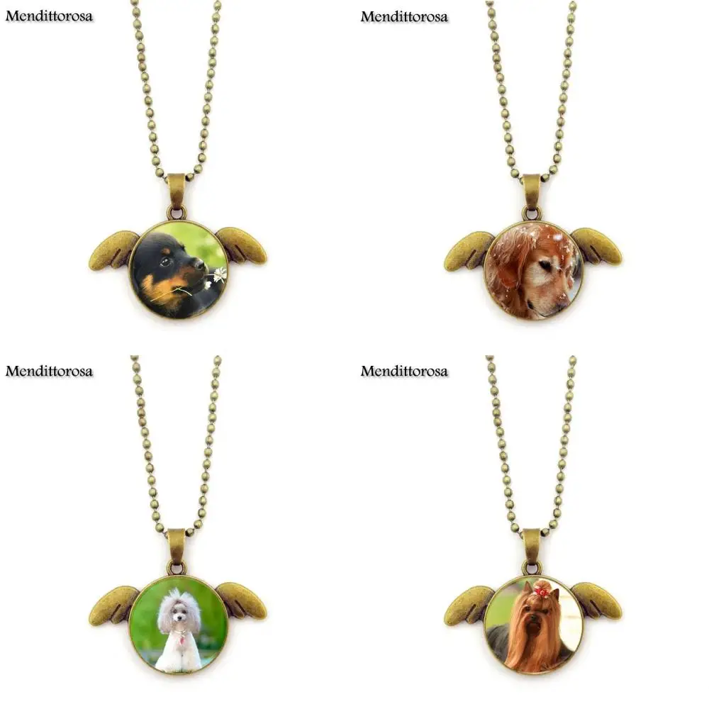 Mendittorosa Pet Dogs Labrador Bulldog Poodle Jewelry Bronze Color Glass Cabochon Angel Wings Pendant Necklace For Unisex | Украшения и