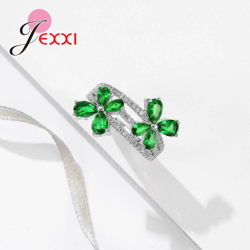 JEXXI Bohemia Double Flower Crystal Hollow Romantic Personality 925 Silver Finger Ring Women Wedding Anniversary Gift