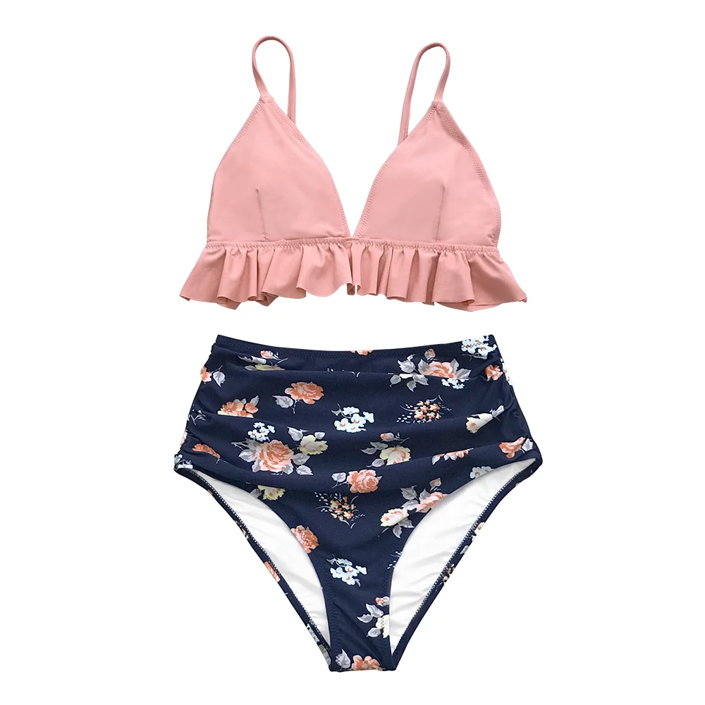 CUPSHE Pink And Floral Ruffled High-Waisted Bikini Sets Women Cute Two Pieces Swimsuits Girl Beach Bathing Suits - Цвет: Многоцветный