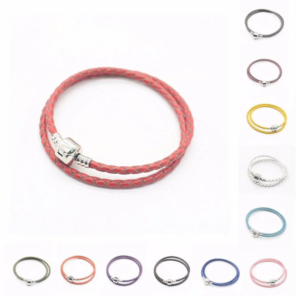 

wholesale 10pcs 3mm/2 laps Genuine Leather with Bare chain silver clip bracelet chain fit european bracelet js1449