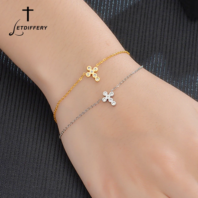 

Letdiffery Tiny Cross Bracelet Gold Silver Stainless Steel Crystal Chain Bracelet For Women Christ Payer Gift Wholesale