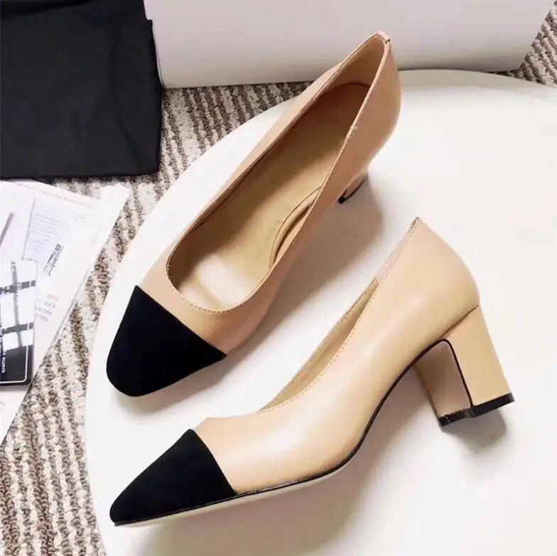 

2019 new small fragrance single shoes women thick heels round head high heels shallow mouth flat shoes pumps
