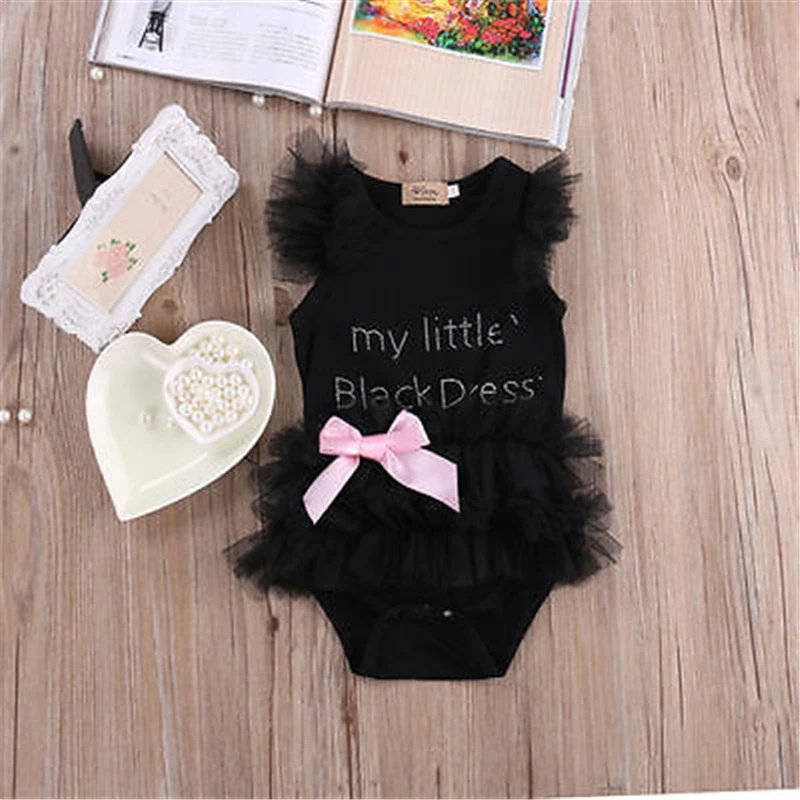 

Cute Kids Baby Girls Bodysuits Fashion Baby Girl Sleeveless O-Neck Bow Embroidered Little Black Bodysuit Baby Clothing