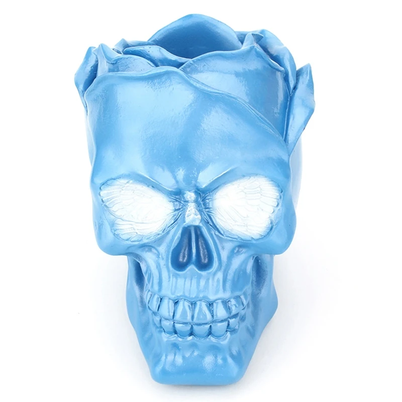 Vintage Blue Rose Flower Skull Ornament Figurine Women Dressing Desk Makeup Tools Storage Organizer Pen Case Home Decor