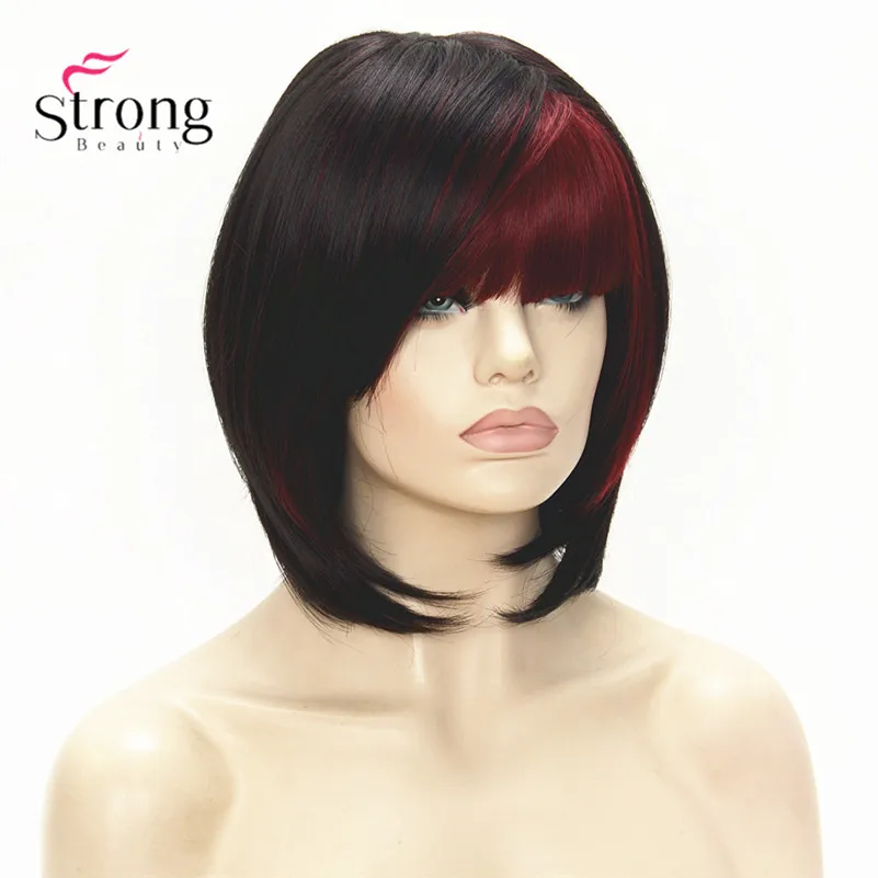 Short Straight Dark Brown with Red Bob, Side Swept Bangs Synthetic Wig