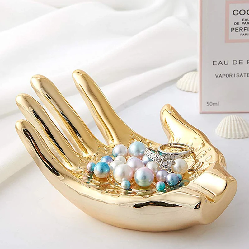 

Gold Ceramic Storage Plate Luxurious Lady Hand Jewelry Ring Desktop Storage Tray Home Decor Unique Organizer