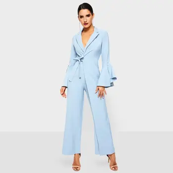 

Women Wide Leg Jumpsuit Fall Office Overalls Fashion Lace Up Pink Flare Sleeve Gray Elegant Ladies Business Long Pants Jumpsuits