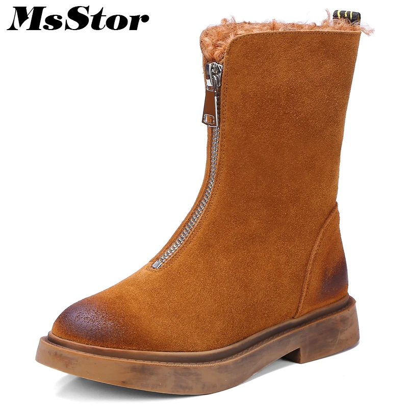 

MsStor Round Toe Med Heel Women Boots 2018 Fashion Zipper Plush Ankle Boots Women Winter Shoes Square heel Keep Warm Boot Shoes