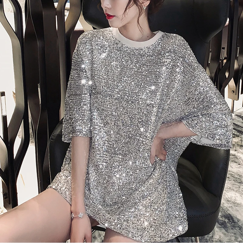 

Fashion Women Plus size Spring new mid-length sequined apricot black short sleeve long T-shirt skirt woman sexy t-shirt 757C3