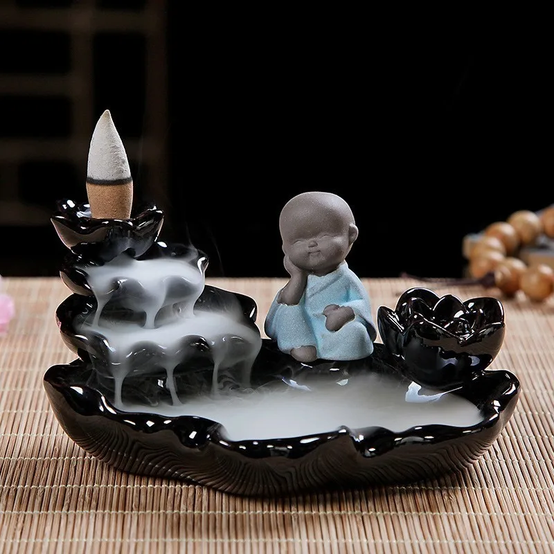 

Lotus Small Buddha Ceramic Backflow Incense Burner Creative Little Monk Statue Zen Home Decor Ornaments Waterfall Incense Burner