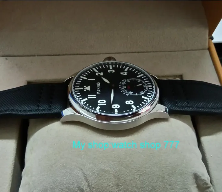 Синий световой 44 мм Parnis черный циферблат 6498/st3621 Механический ручной взвод движения мужские часы механические часы 0159a