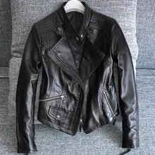 Для Женщин Фирменные натуральная кожа мотоциклетные пальто дамы натуральной овчины Куртки с отложным воротником черный плюс негабаритных 2XL xxl