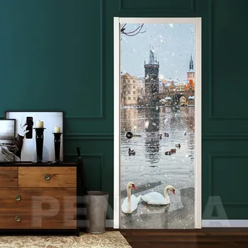 

Print Art 3D Renew Picture Self Adhesive Swan Building PVC Mural Paper Waterproof Door Stickers Home Decor Wallpaper For Bedroom