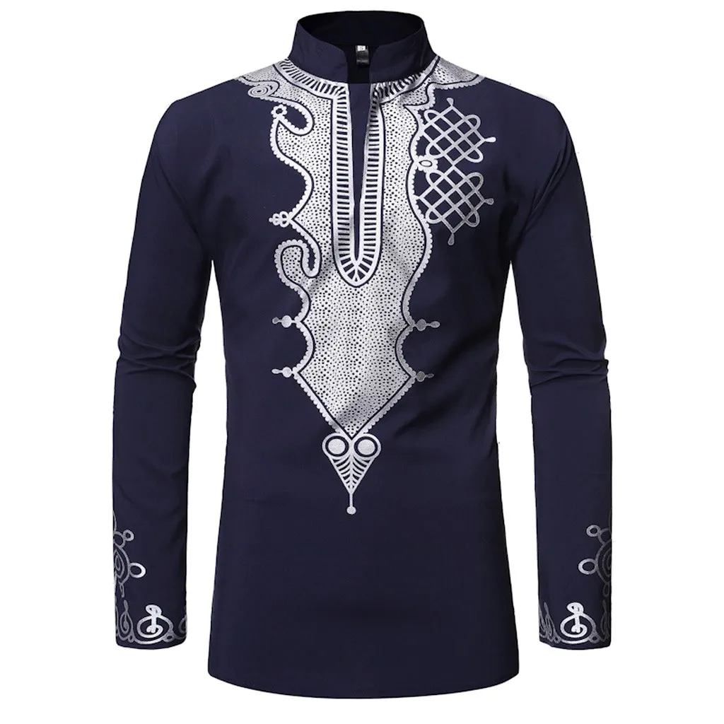 Рубашка в африканском стиле Мужская винтажная африканская печать с длинным рукавом Стенд воротник Футболка Топ Блузка - Цвет: Navy