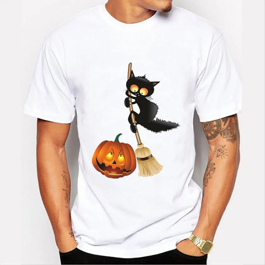 Newest 2017 Men's Tee Shirt Black Cat with Pumpkin Print T-Shirt Men Funny Halloween Design T Summer Short Sleeve | Мужская одежда