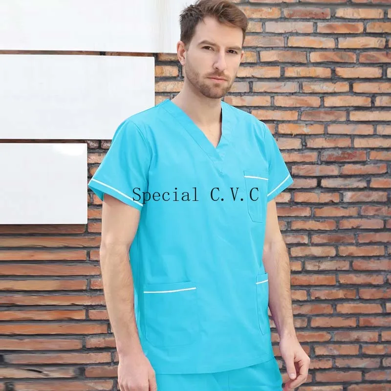 Men's Scrubs Set Pure Cotton Doctor Uniforms Classic V-neck Short Sleeve Shirt with Side Vent + Elastic Waistline Pants