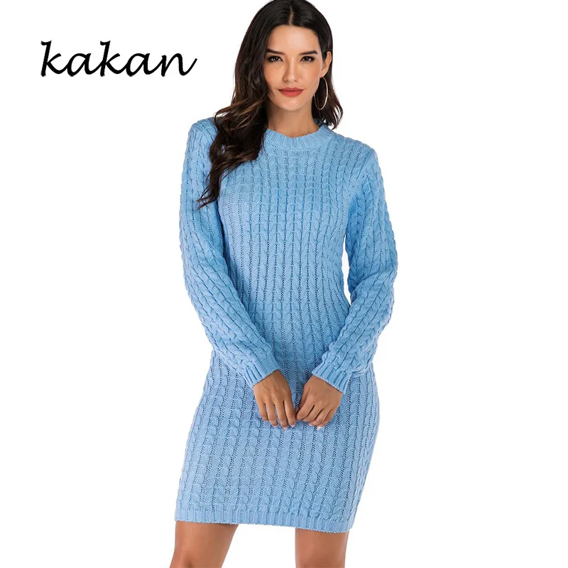 

Kakan twisted slim round neck solid color sweater knit dress 2019 autumn and winter new women's sweater dress