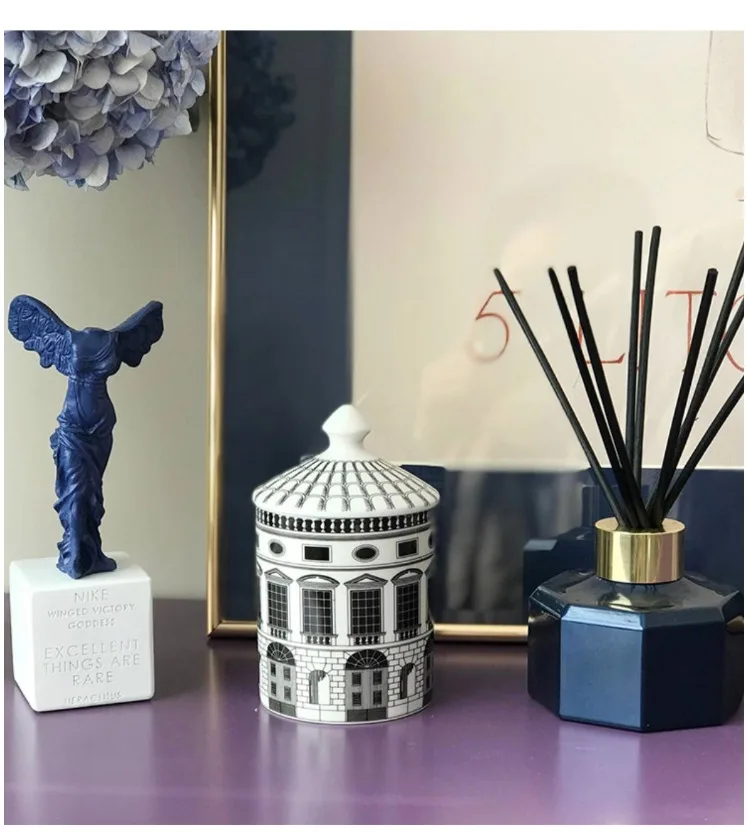 

Fornasetti storage box city architecture style black white candle cup swan castle castle home house decoration