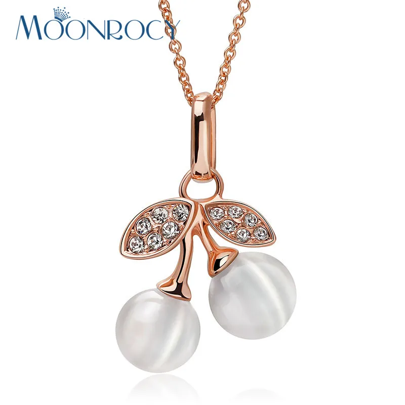 

MOONROCY Free Shipping Jewelry Cherry Fruit Rose Gold Color Cute Cubic Zirconia Opal Crystal Necklace Choker for Women Gift