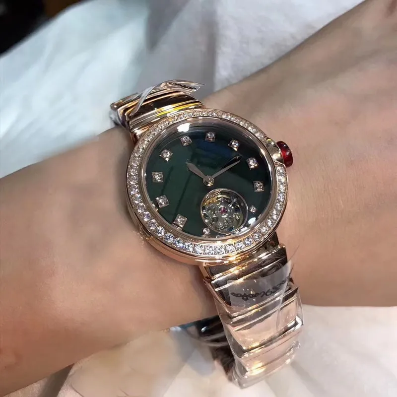 33 мм круглый темно-зеленый циферблат циркониевый камень наручные часы Высокое качество автоматические импортные механические часы для женщин - Цвет: rose gold with stone