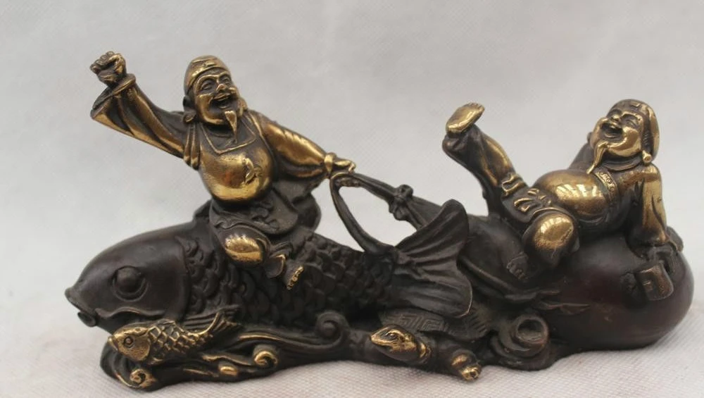 

4"Chinese Folk Feng Shui Bronze Lifelike Money drawing Gold bag carp geezer Stat