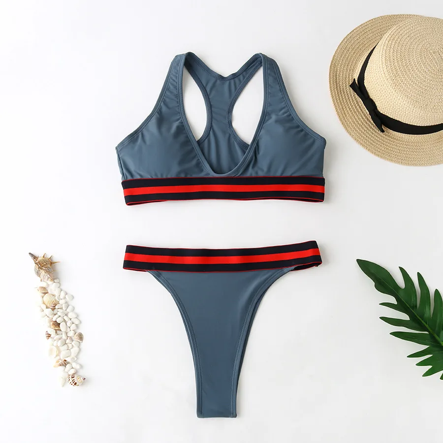 

Swimsuit Sports Bikini Set Soft Pad Thong Brazilian Swimwear Bathing Suit Black Contrast Two Piece Swimwear for Women Female