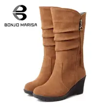 BONJOMARISA Große größe 34-43 qualität heiße herbst winter schuhe frauen mid kalb keilschuh frau beleg auf pu-leder plissee reitstiefel