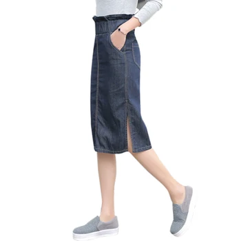 

Women Pencil Skirt 2017 Korean Casual Pocket High Waist Denim Skirt Blue Jeans Skirt Vintage Long Skirt Saia Midi Elastic Waist
