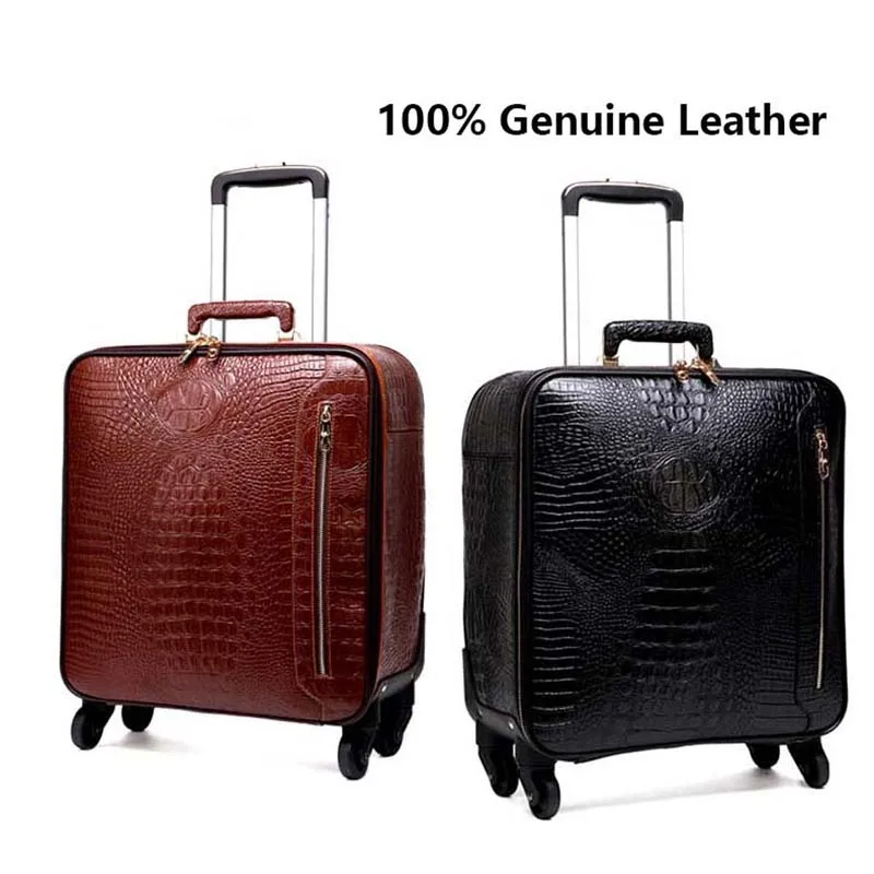 

LeTrend Genuine Leather Rolling Luggage Men Multifunction Suitcase Wheels 16 inch Retro Crocodile Trolley Travel Bags laptop bag