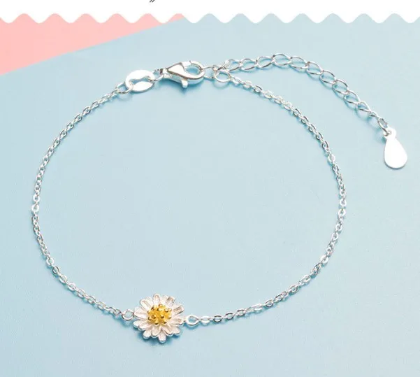 

Hot Sell silver plated Daisy bracelet chrysanthemum pendant charm link chain wedding jewelry cute bangles drop shipping