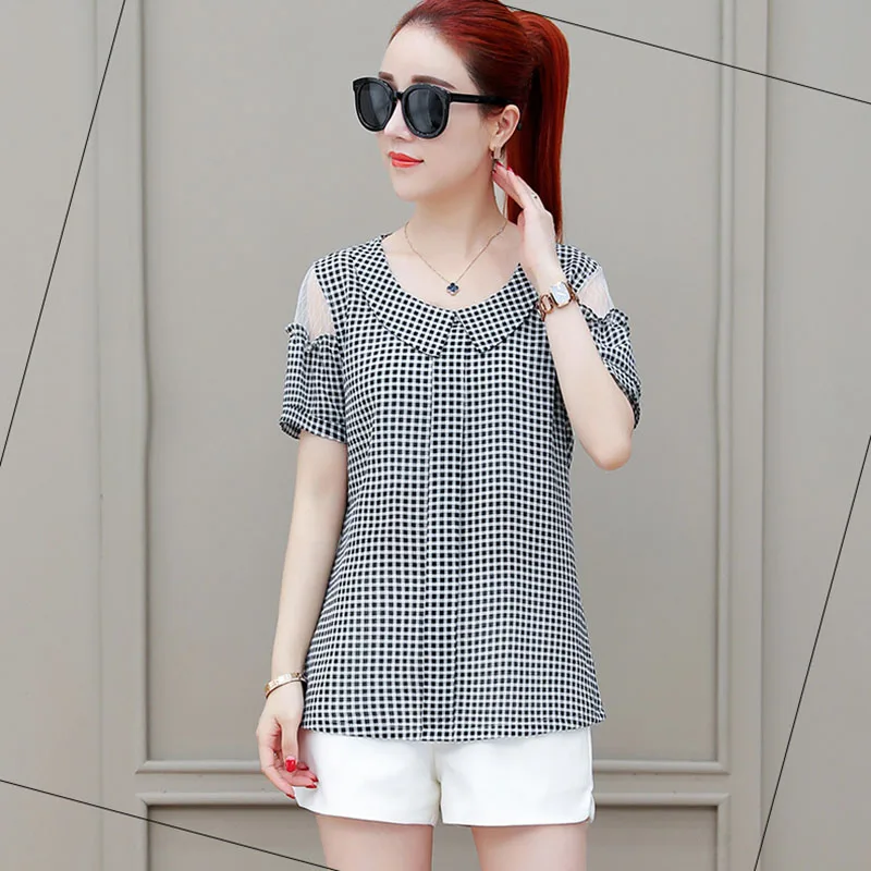 

Off Shoulder Women Spring Summer Style Chiffon Blouses Shirts Lady Casual Short Sleeve Peter pan Collar Plaid Blusas Tops DD1902