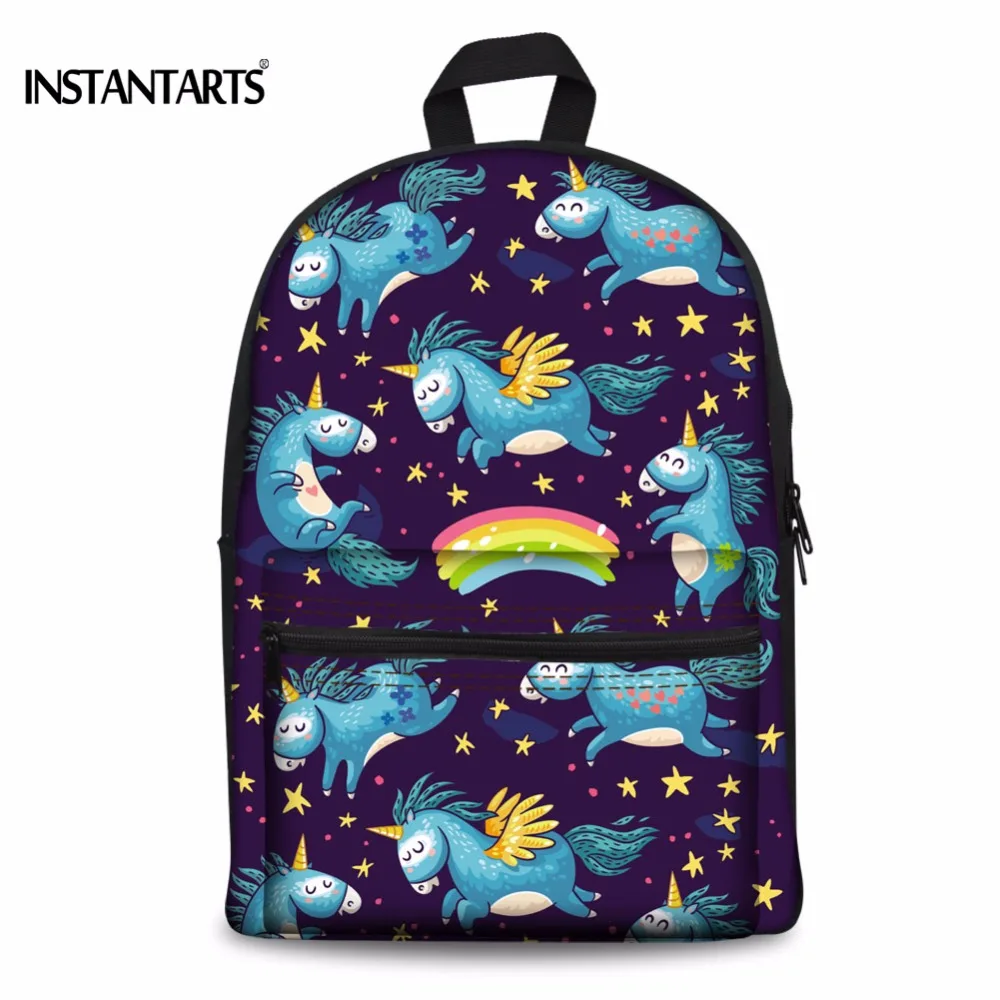INSTANTARTS Kawaii Unicorn Women Backpacks Horse Printing Primary Students Book Shoulder Bags Canvas Daypacks for Teenagers