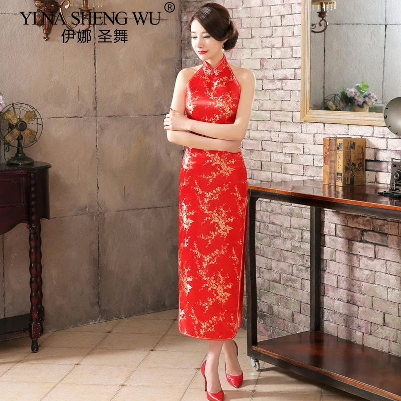 Китайская традиционная Для женщин Cheongsam сатиновое платье-Ципао в китайском стиле Стиль платье с лямкой на шее, для вечеринок, с вырезом на спинке, облегающее китайское свадебное Ципао Vestido