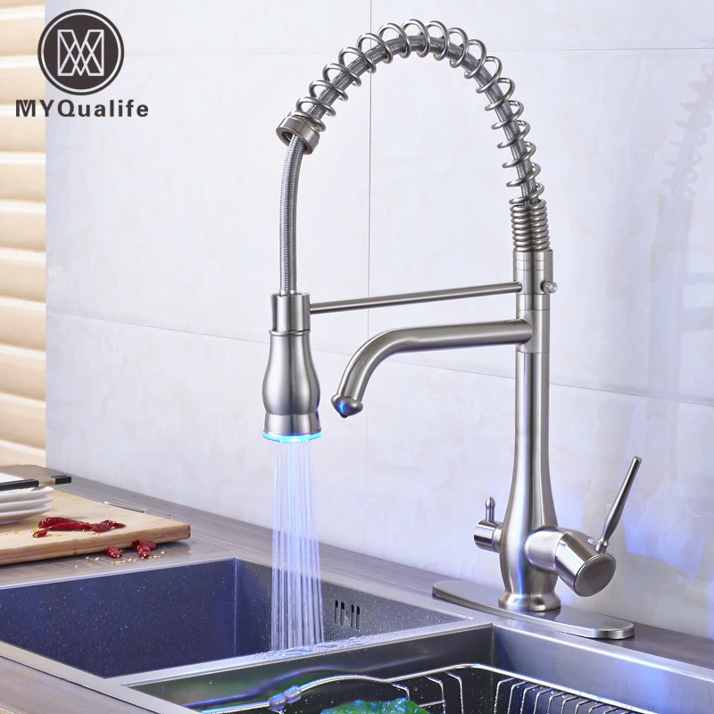 LED Color Changing Pull Down Sprayer Kitchen Sink Faucet Deck Mounted Dual Spout Lavatory Kitchen Pure