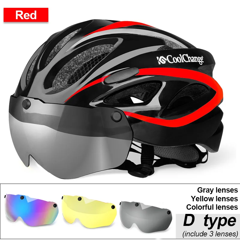 CoolChange Bicycle Helmet EPS Insect Net Road MTB Bike Windproof Lenses Integrally-molded Helmet Cycling Casco Ciclismo - Цвет: D Red 3 lenses