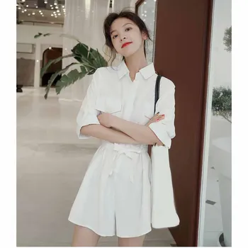 

Fashion 2019 Summer Women Office Jumpsuits Single Breasted Pockets Loose Bodysuits New Sashes Drawstring Short Playsuits