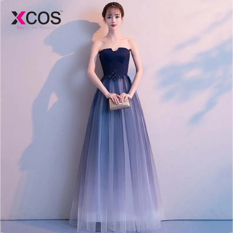 

XCOS Elegant Ombre Prom dresses Long with appliques Sweetheart Tulle Navy Blue dress for graduation Formal Evening Prom Dress
