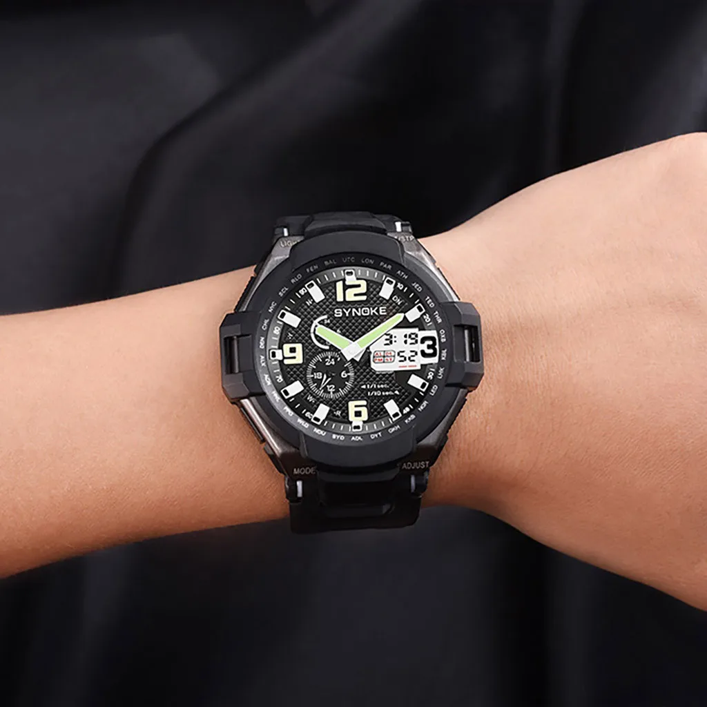 

SYNOKE Fashion Luxury Brand Men Dual Display Watch Electronic Watch Sports Multi Function LED Watch Two Time Creative Mens Watch