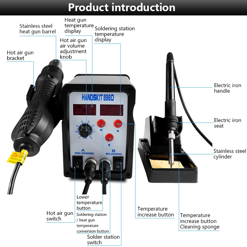 Handskit паяльная станция 110/220 В 750 Вт 2 в 1 SMD Термовоздушная BGA Тепловая 898D с