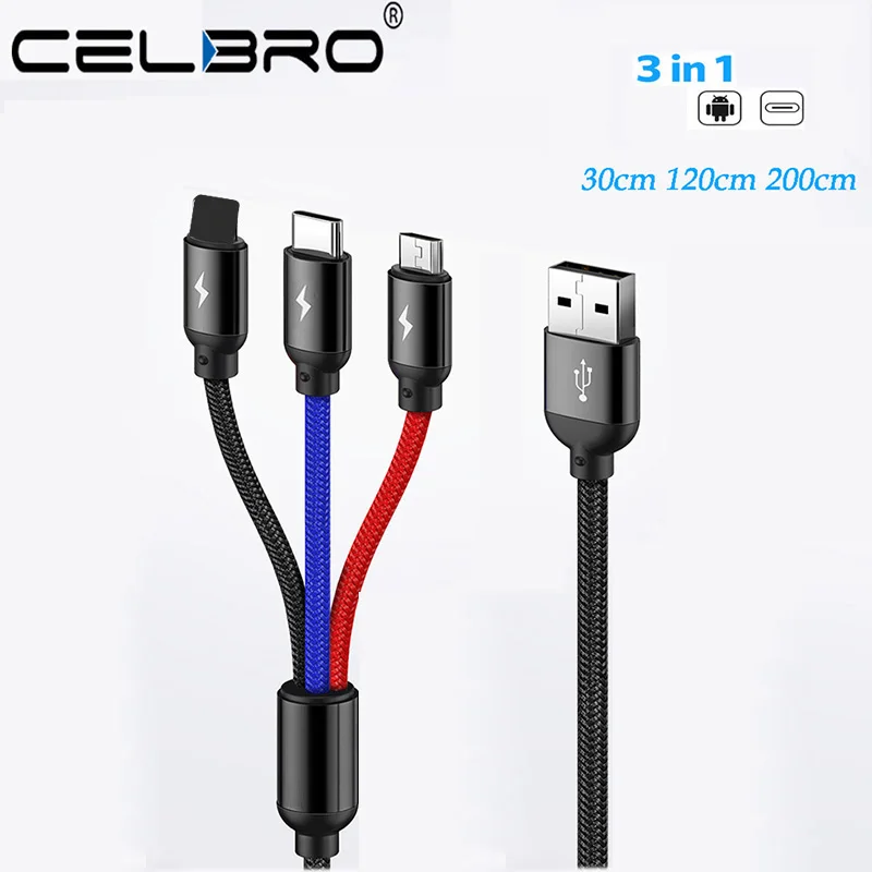 

3 In 1 Phone USB Microusb Cable 2 Meter Usb C Short Cabel Multiple Usb Charger Cable For Samsung Android Car Usb Charge Cords 2m