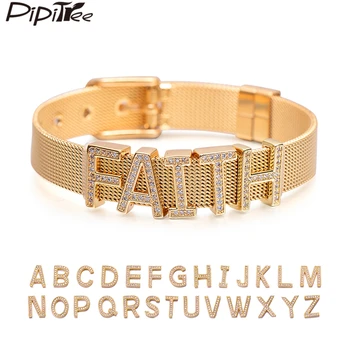 Pipitree Customize Name Stainless Steel DIY CZ Zircon Letter Bracelets Adjustable Buckle Charm Bracelet Bangle Women Men Jewelry