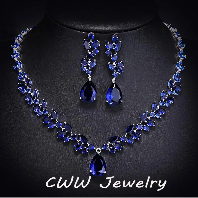 CWWZircons Luxury CZ Women Wedding Jewelry Royal Blue Crystal Bridal