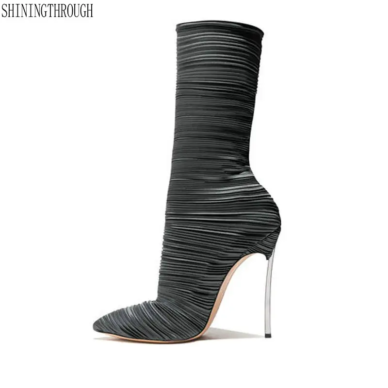 

2018 spring summer stilettos high heels 12cm mid-calf boots stretch fabic slip on fashion boots shoes woman ladies large size 43