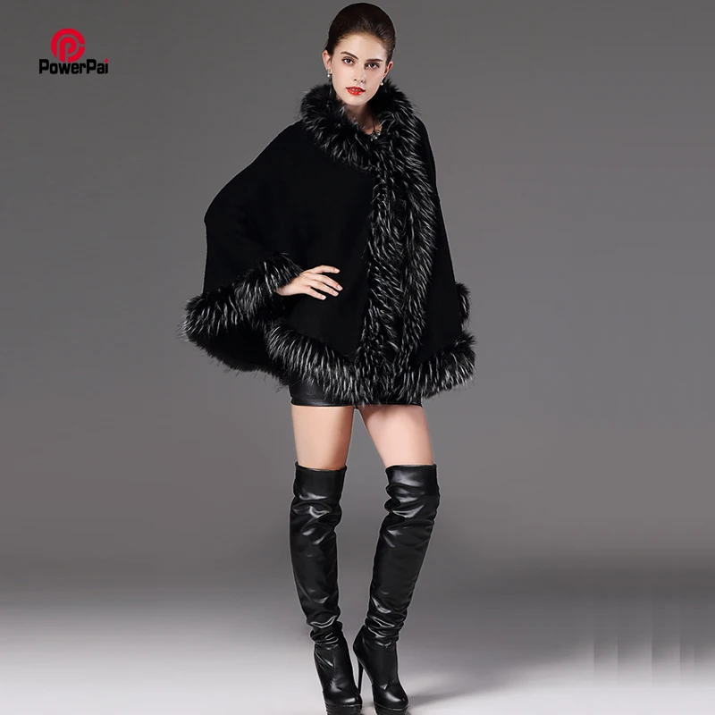 

Novelty Vogue Long Women Fur Cape Shawl Coat with Cap Wool Cashmere Raccoon Fur Poncho Cloak Parka hooded Winter Collection