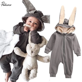 

New Infant Baby Boy Girl 3D Ear Cotton Romper Jumpsuit Babies Cute Rabbit Ear Hooded Rompers Outfits Costume Zipper Clothing