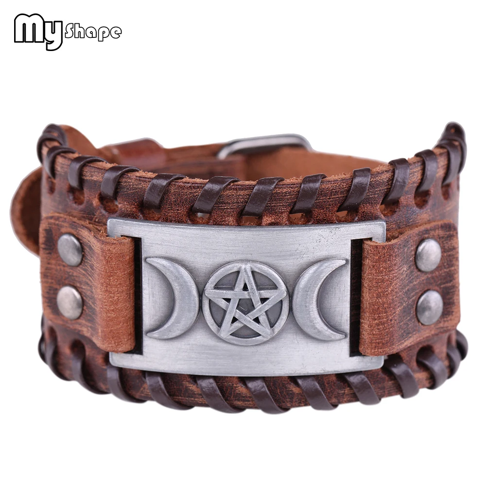 

My Shape Triple Moon Goddess Angle Bracelet Genuine Leather Pentagram Wicca Amulet Talisman Bangle Vintage Men's Jewelry Gift