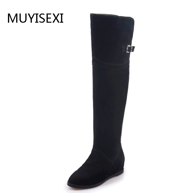 

Winter Over the Knee Boots Zipper Black Round Toe Height Increasing Wedge Women's Boots Made of Genuine Leather BJ02 MUYISEXI