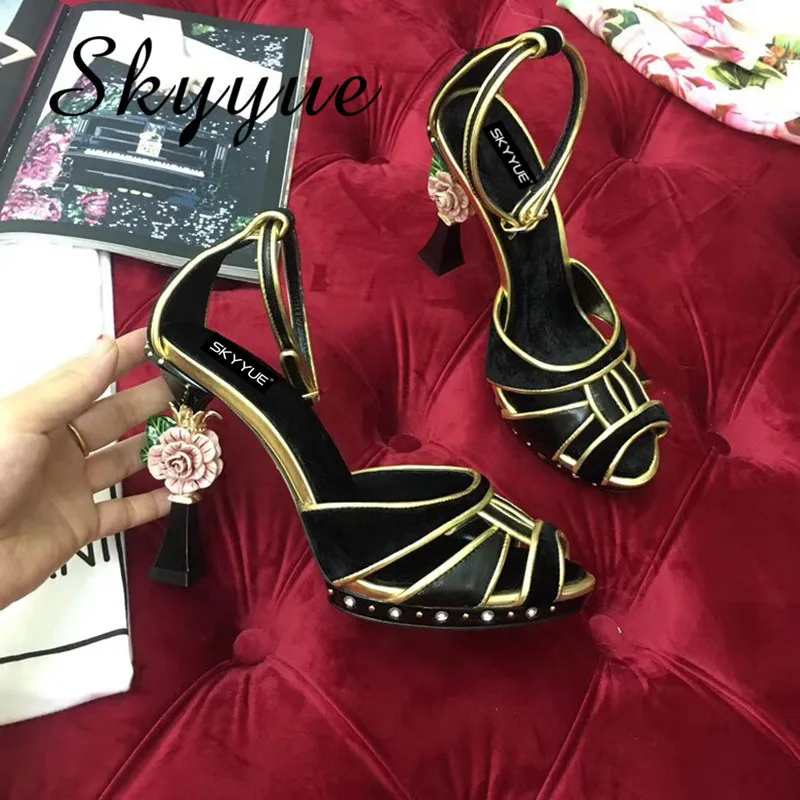 

LISN 2018 New Genuine Leather Floral Beading Women Summer Sandals Open Toe Metal Sequined High Heel Sandals Shoes Women