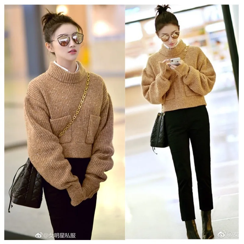 King Sweet Star of The Same Light Khaki Loose Big Pocket Semi-turtleneck Sweater New Woman 2019 Sweater Clothes Women